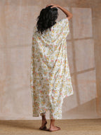 trueBrowns Pink Yellow Floral On White Block Print Cotton Panel Kaftan Kurta Pant Set | Grocsy