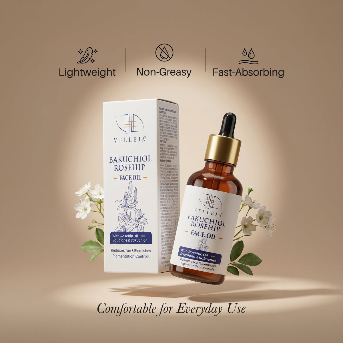 Velleja Bakuchiol Rosehip Face Oil with Squalane for Pigmentation & Dark Spots | Velleja | Grocsy