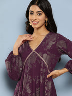 Ahalyaa Floral Print Puff Sleeves Empire Crepe Ethnic Dress | Grocsy