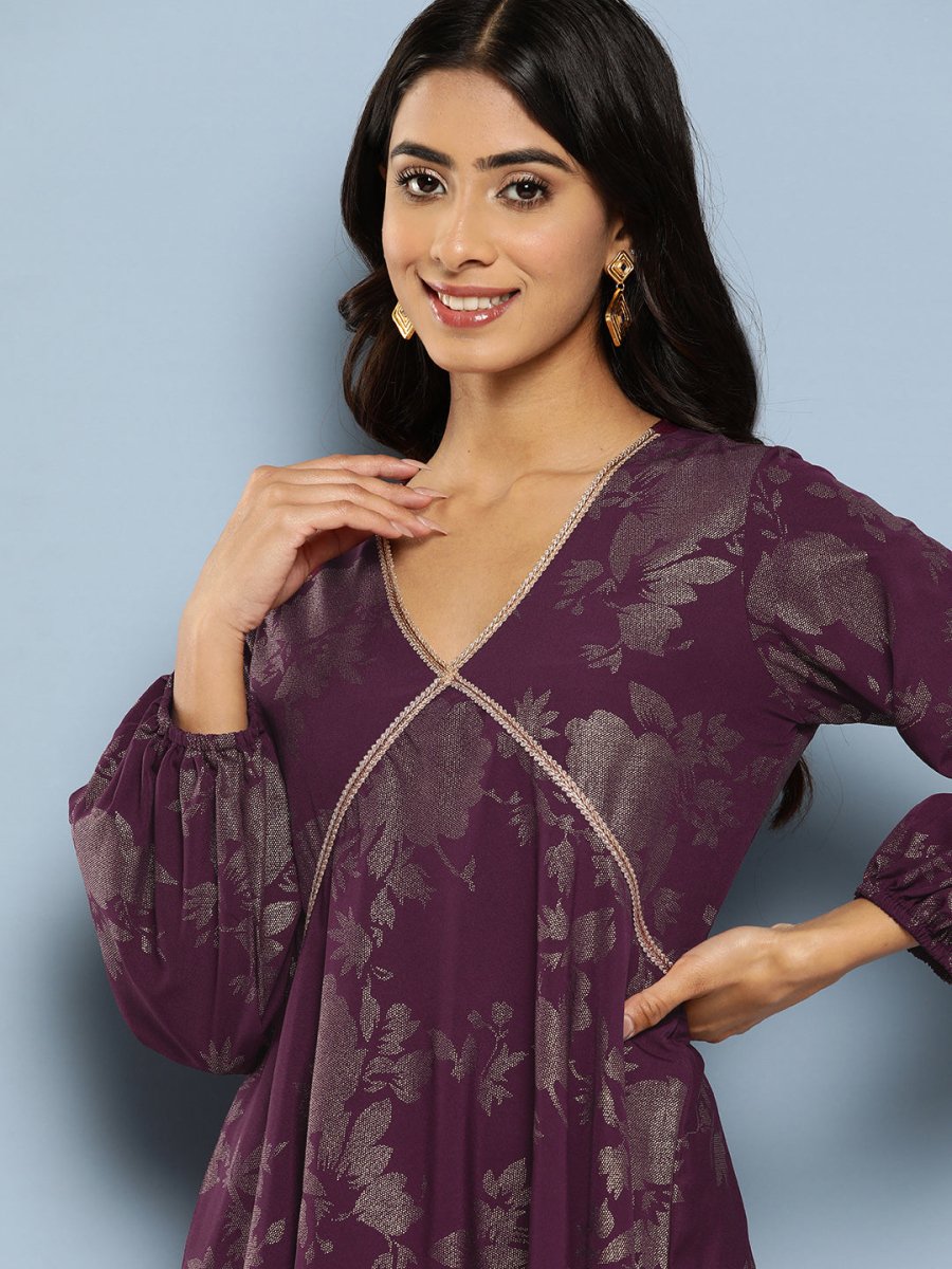 Ahalyaa Floral Print Puff Sleeves Empire Crepe Ethnic Dress | Grocsy