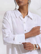 trueBrowns White Cotton Schiffli Shirt Kurta Set | Grocsy