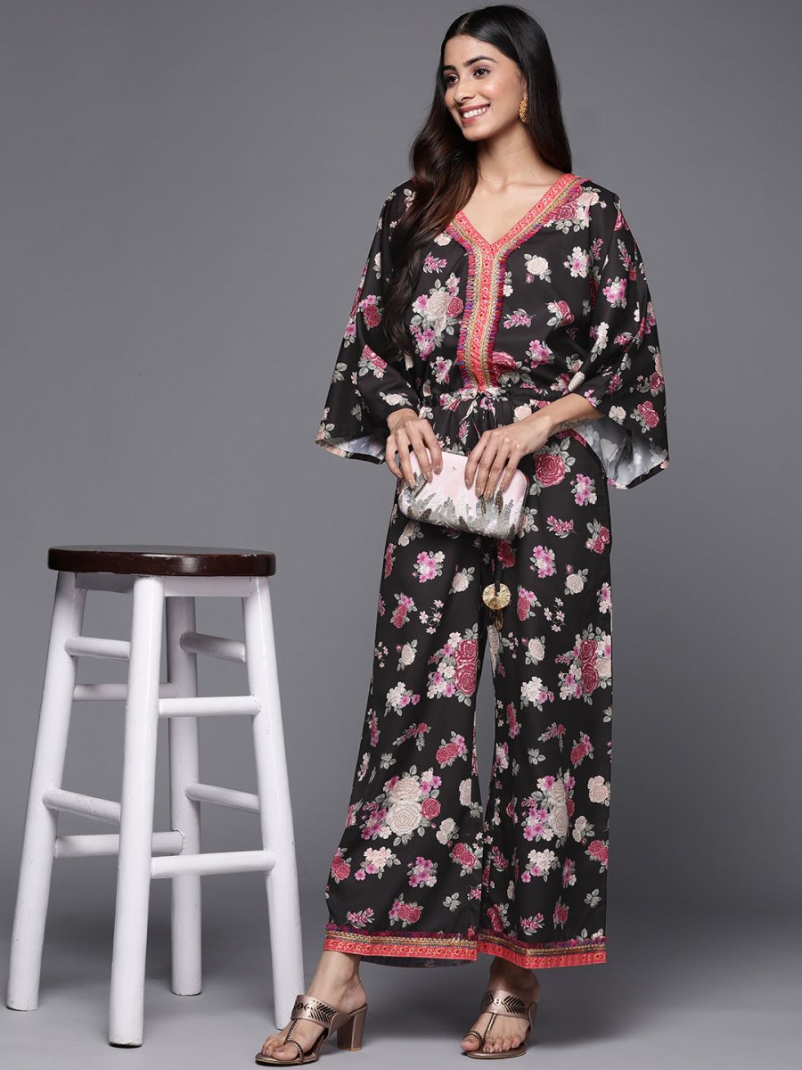 Ahalyaa Printed Crepe Basic Jumpsuit With Lace Inserts | Grocsy