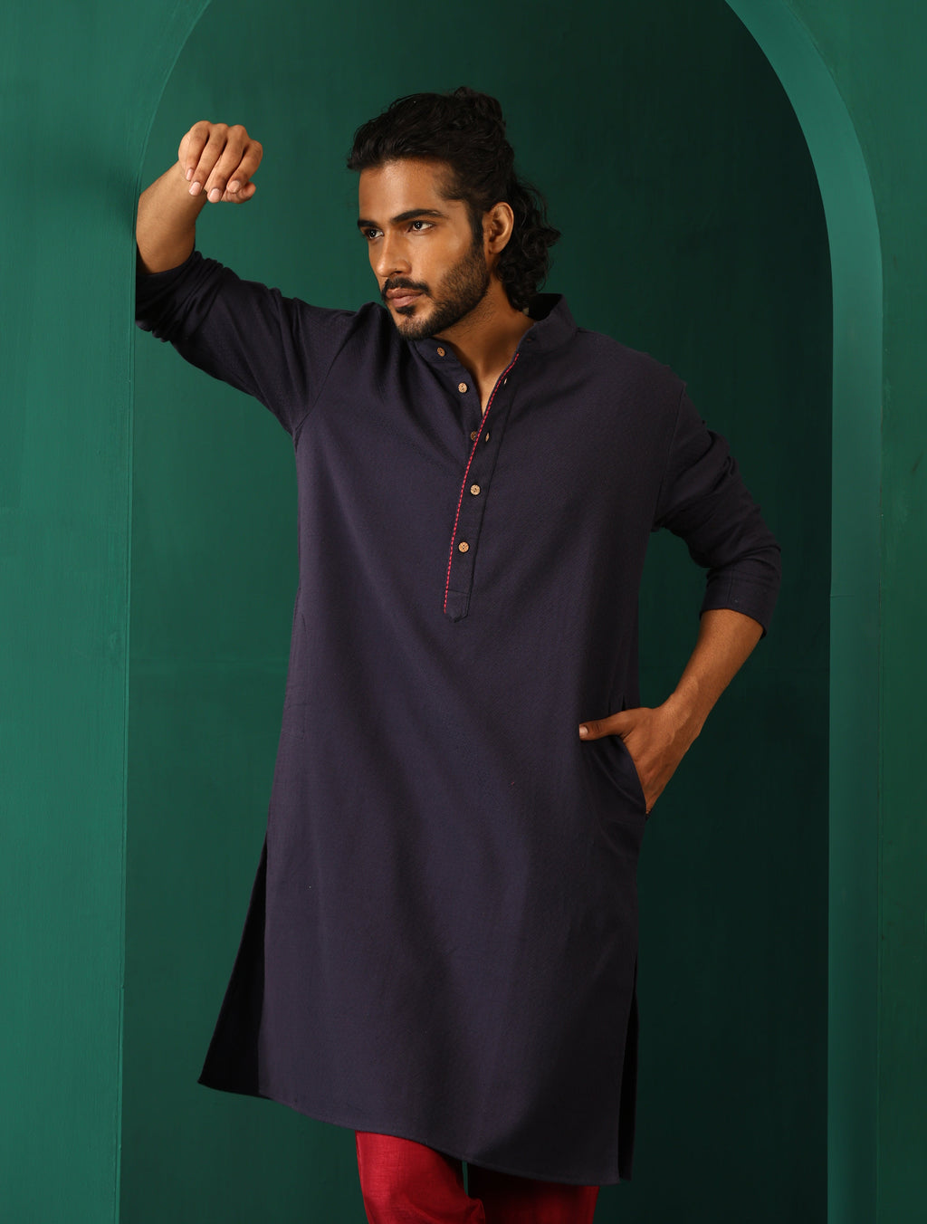 trueBrowns Men's Navy Dobby Textured Kurta | Grocsy