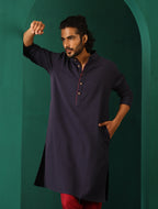 trueBrowns Men's Navy Dobby Textured Kurta | Grocsy