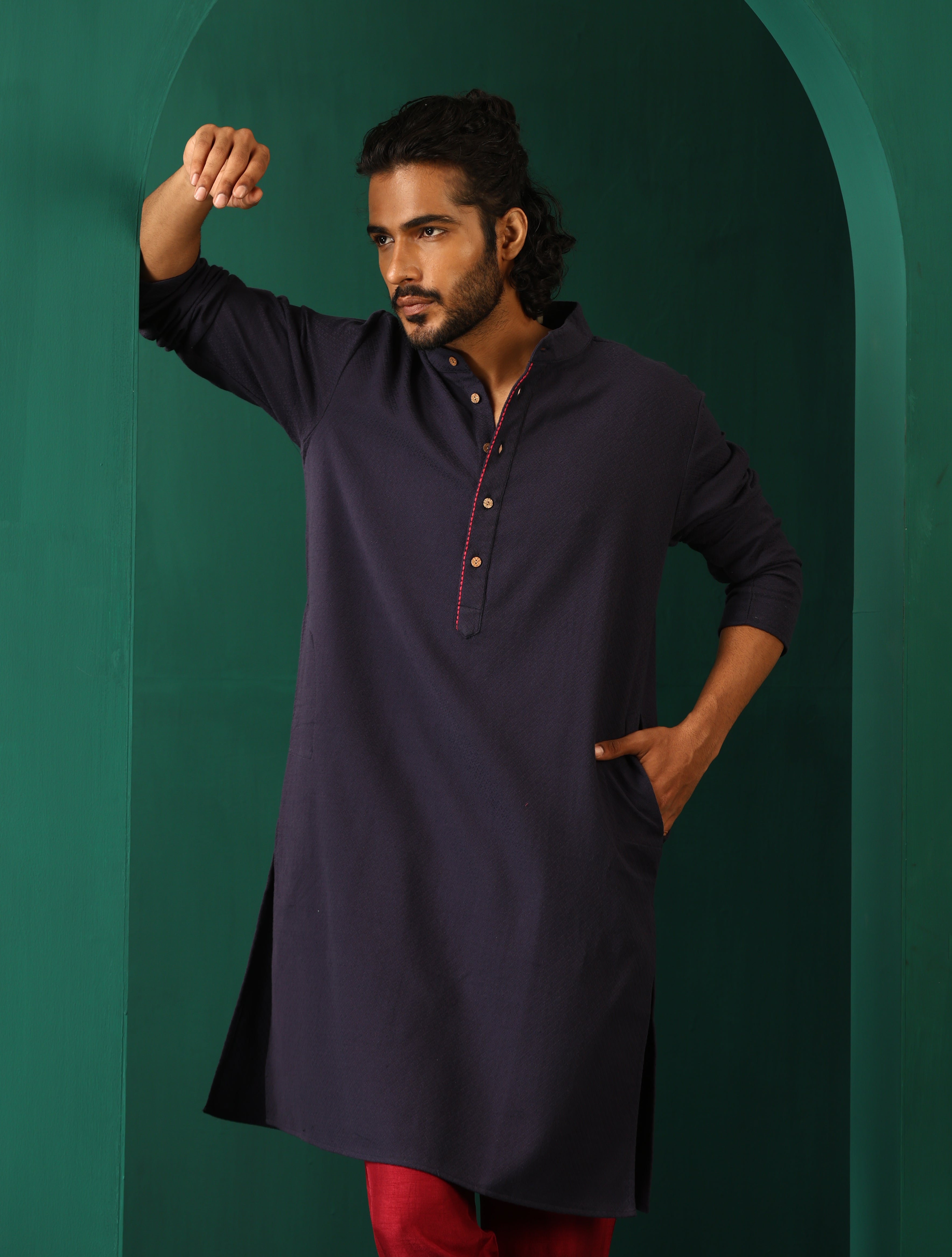 trueBrowns Men's Navy Dobby Textured Kurta | Grocsy