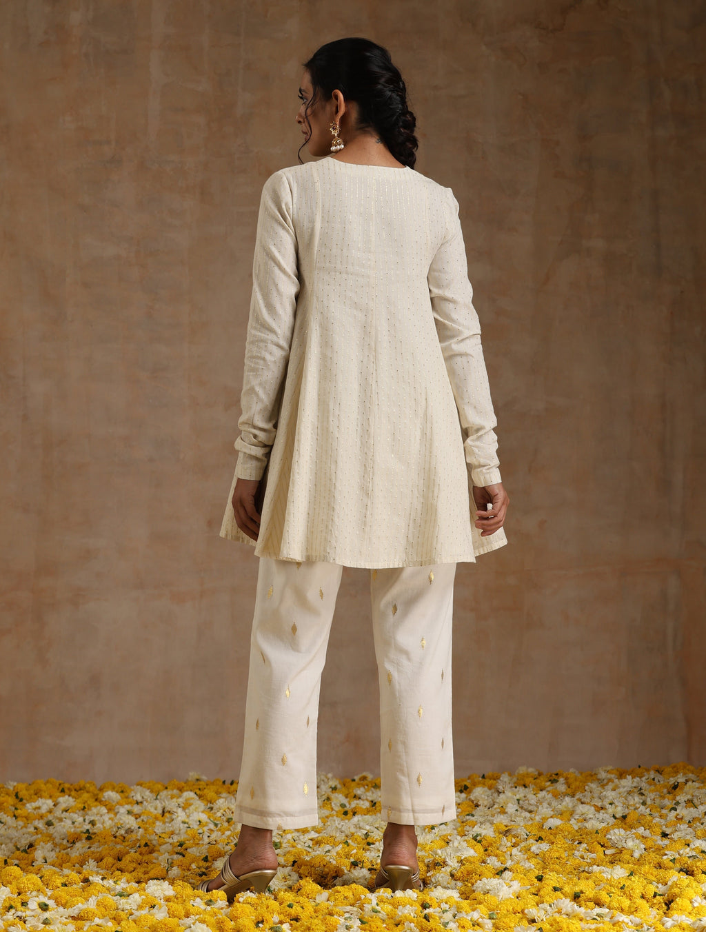 trueBrowns Ivory Gold Cotton Flared Co-Ord Set | Grocsy