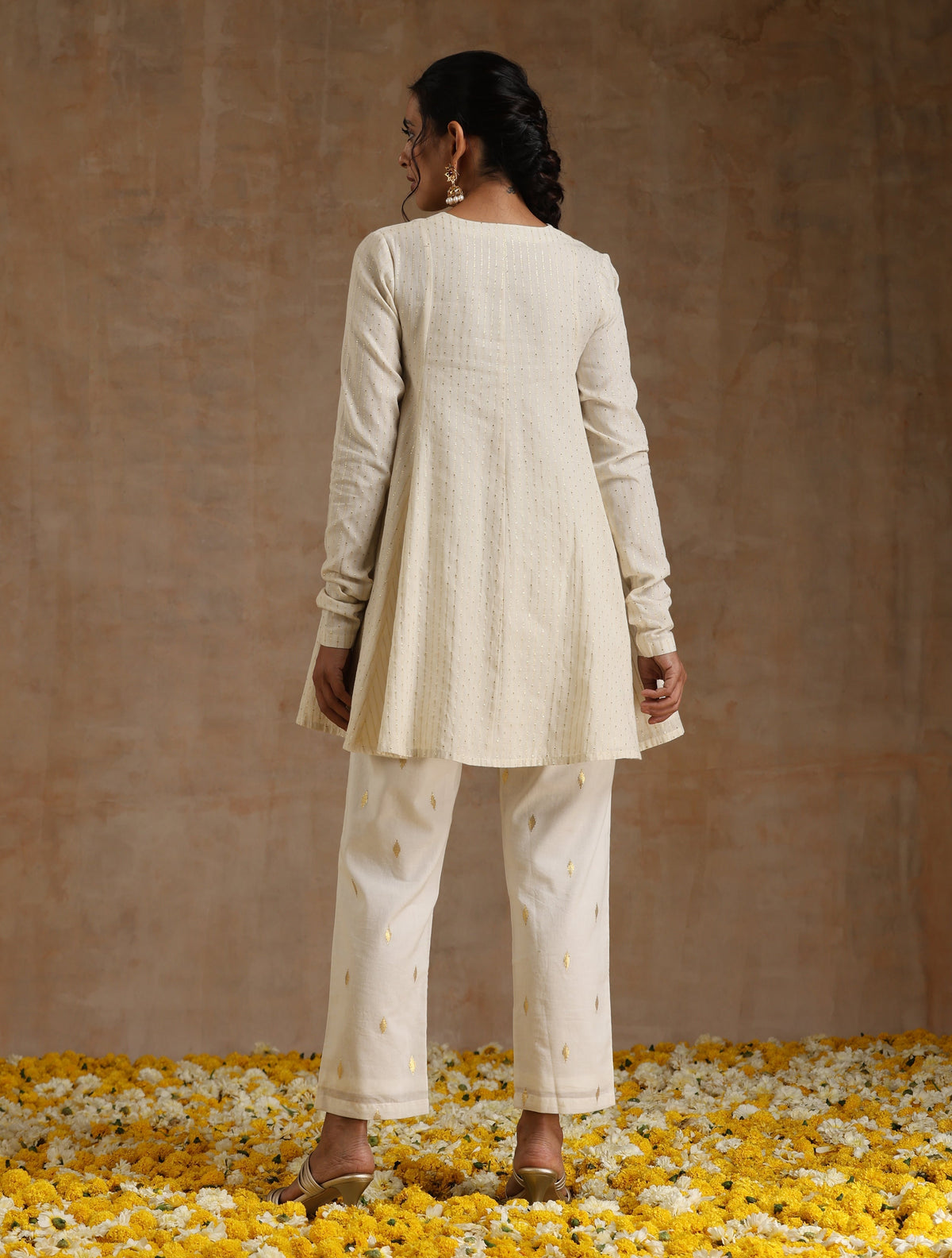trueBrowns Ivory Gold Cotton Flared Co-Ord Set | Grocsy