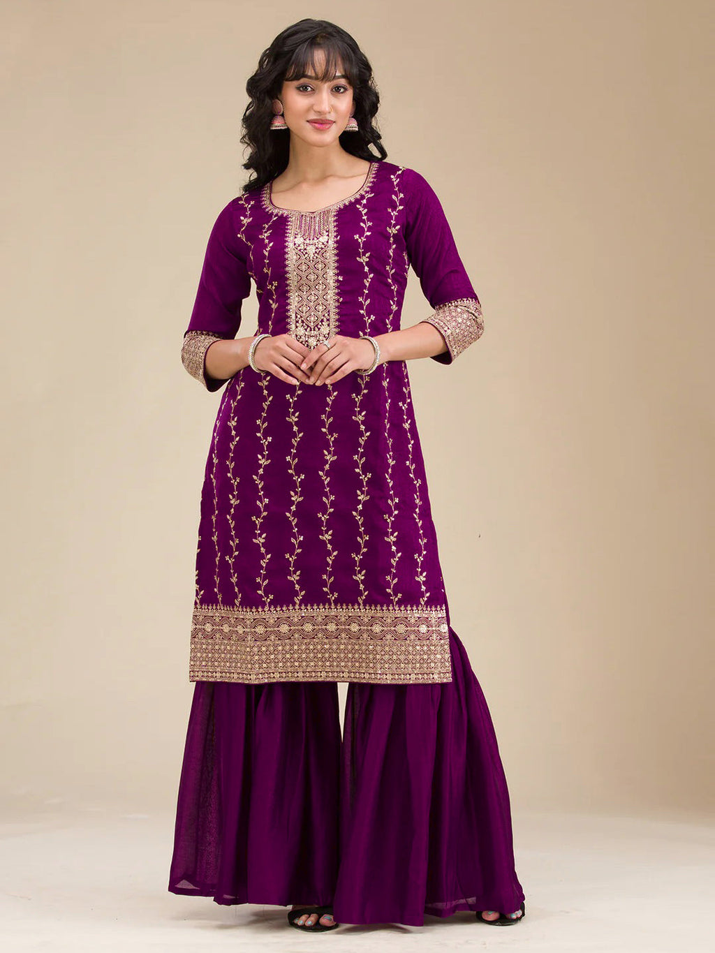 The52 Beautiful Embroidered Vichitra Silk Fabric Straight Kurta, Palazzo and Dupatta Set | Grocsy