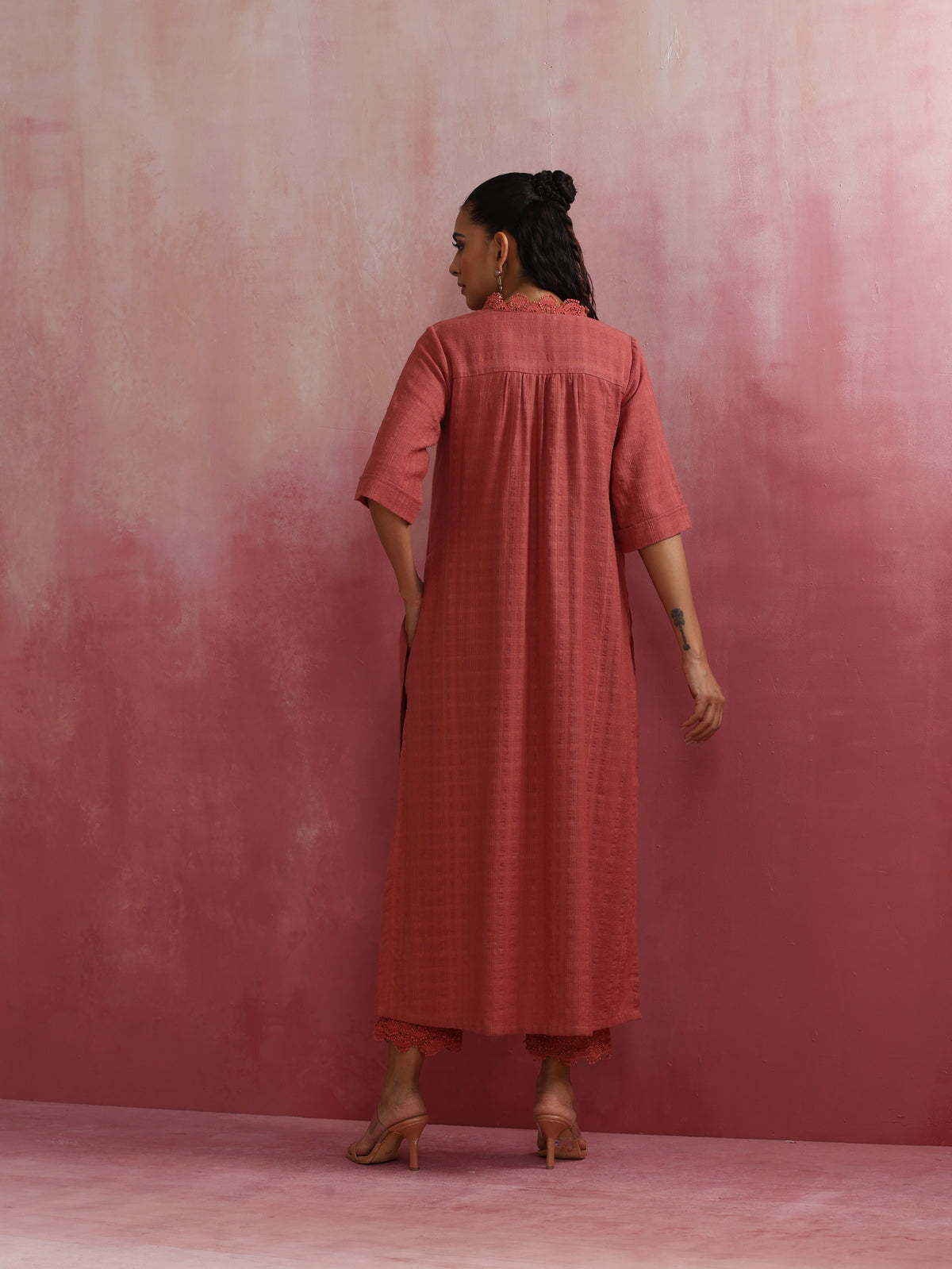 trueBrowns Peach High low Cotton Dobby Kurta Set | Grocsy