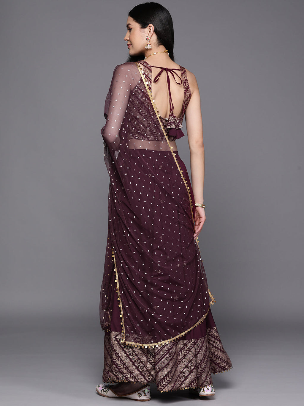 Indian Clothing Ahalyaa Purple & Gold-Toned Printed Sequinned Foil Print Ready to Wear Lehenga & Blouse With Dupatta | Grocsy