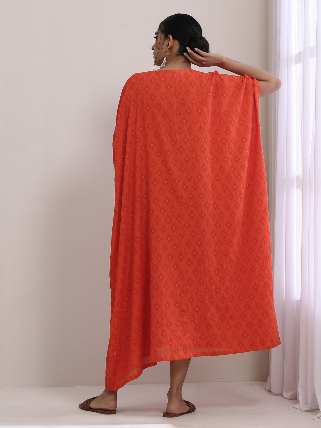 trueBrowns Orange Dobby Panel Kaftan Dress | Grocsy