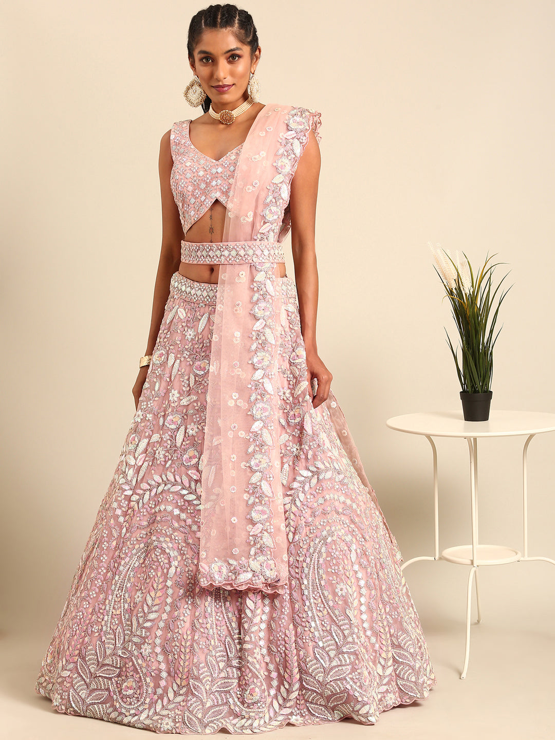 House of Panchhi Pink Net Multi Sequins with heavy Zarkan embroidery Lehenga choli & Dupatta | Grocsy