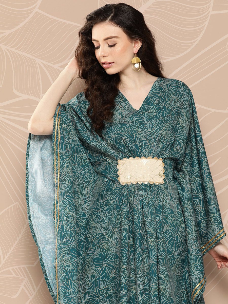 Ahalyaa Women Floral Printed Flared Sleeves Patchwork Belted Detail Crepe Kaftan Kurta | Grocsy