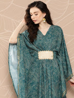 Ahalyaa Women Floral Printed Flared Sleeves Patchwork Belted Detail Crepe Kaftan Kurta | Grocsy