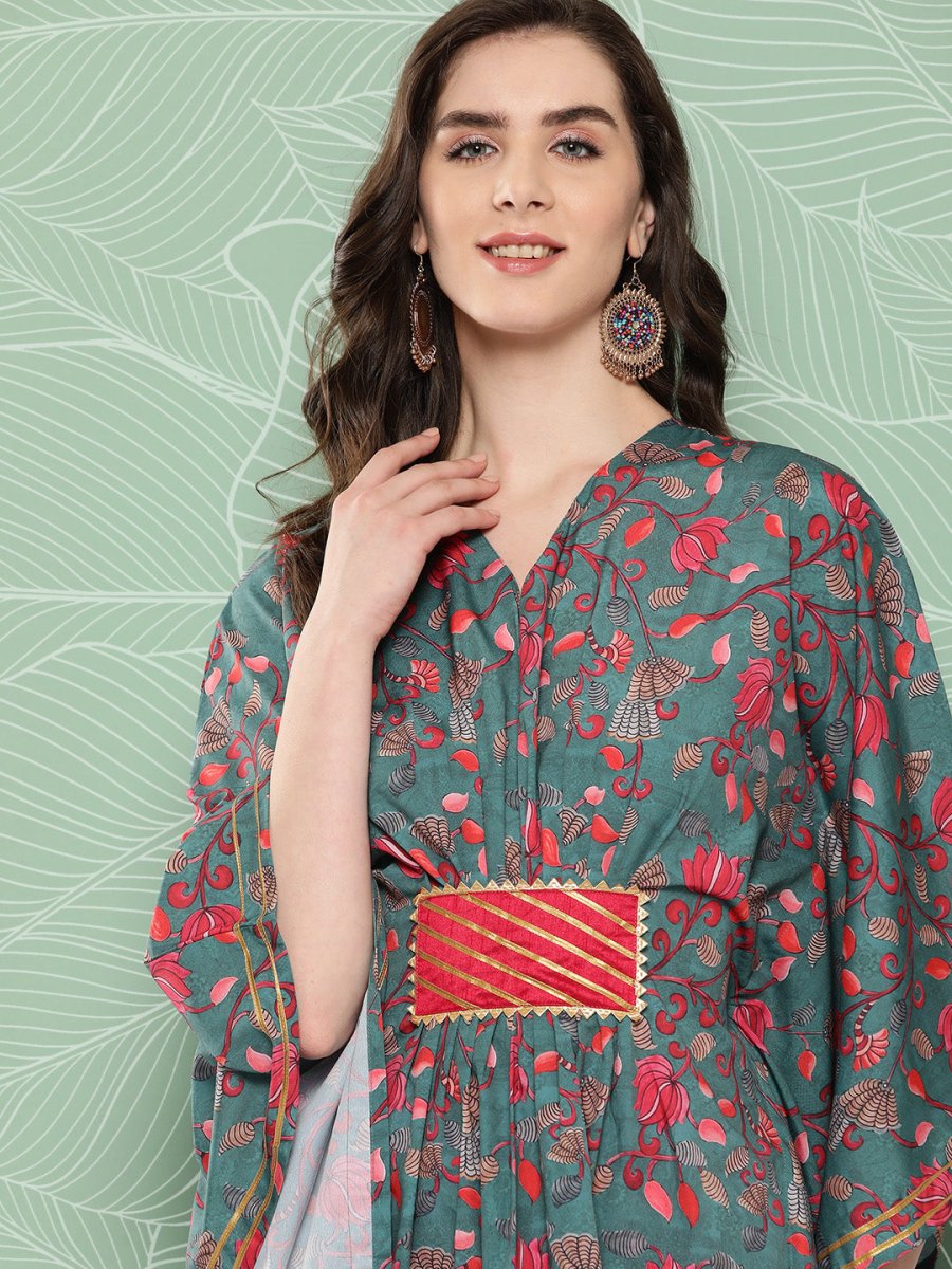 Ahalyaa Women Floral Printed Flared Sleeves Gotta Patti Crepe Kaftan Kurta | Grocsy