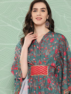 Ahalyaa Women Floral Printed Flared Sleeves Gotta Patti Crepe Kaftan Kurta | Grocsy