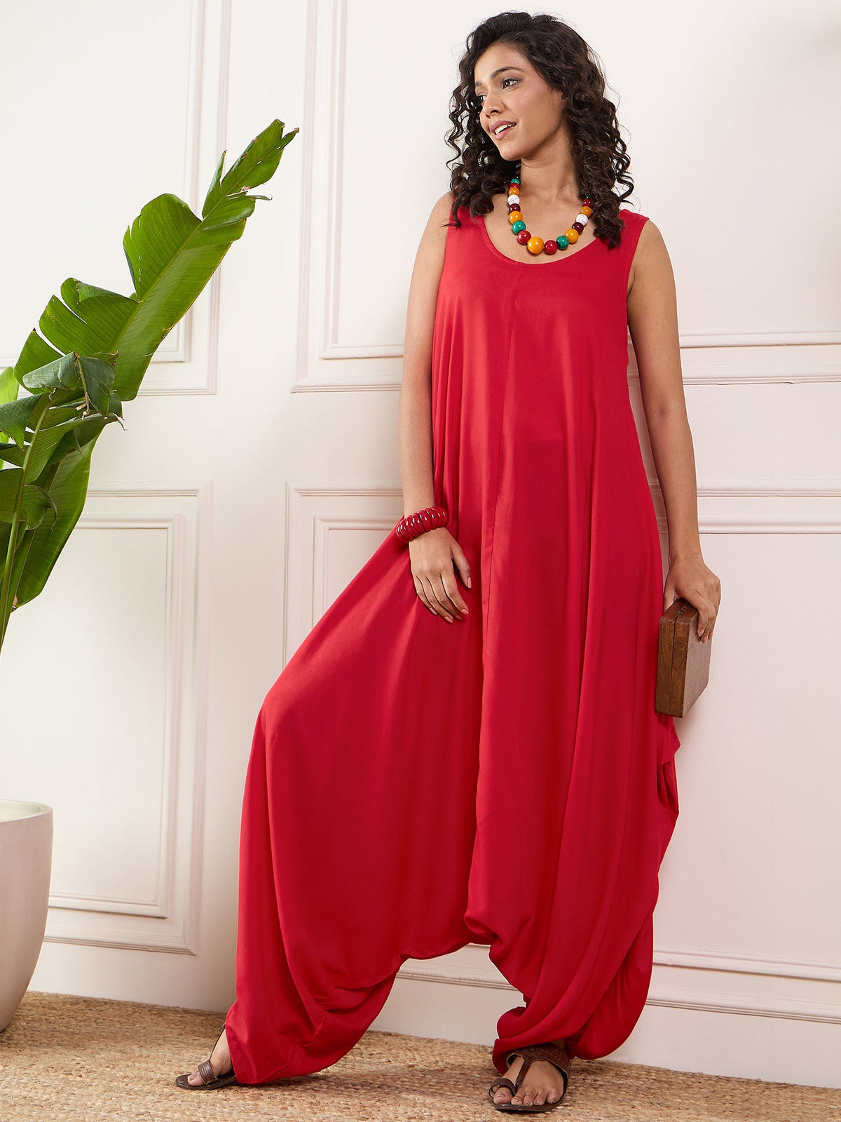 InWeave Red Round Sleeveless Jumpsuit | Grocsy