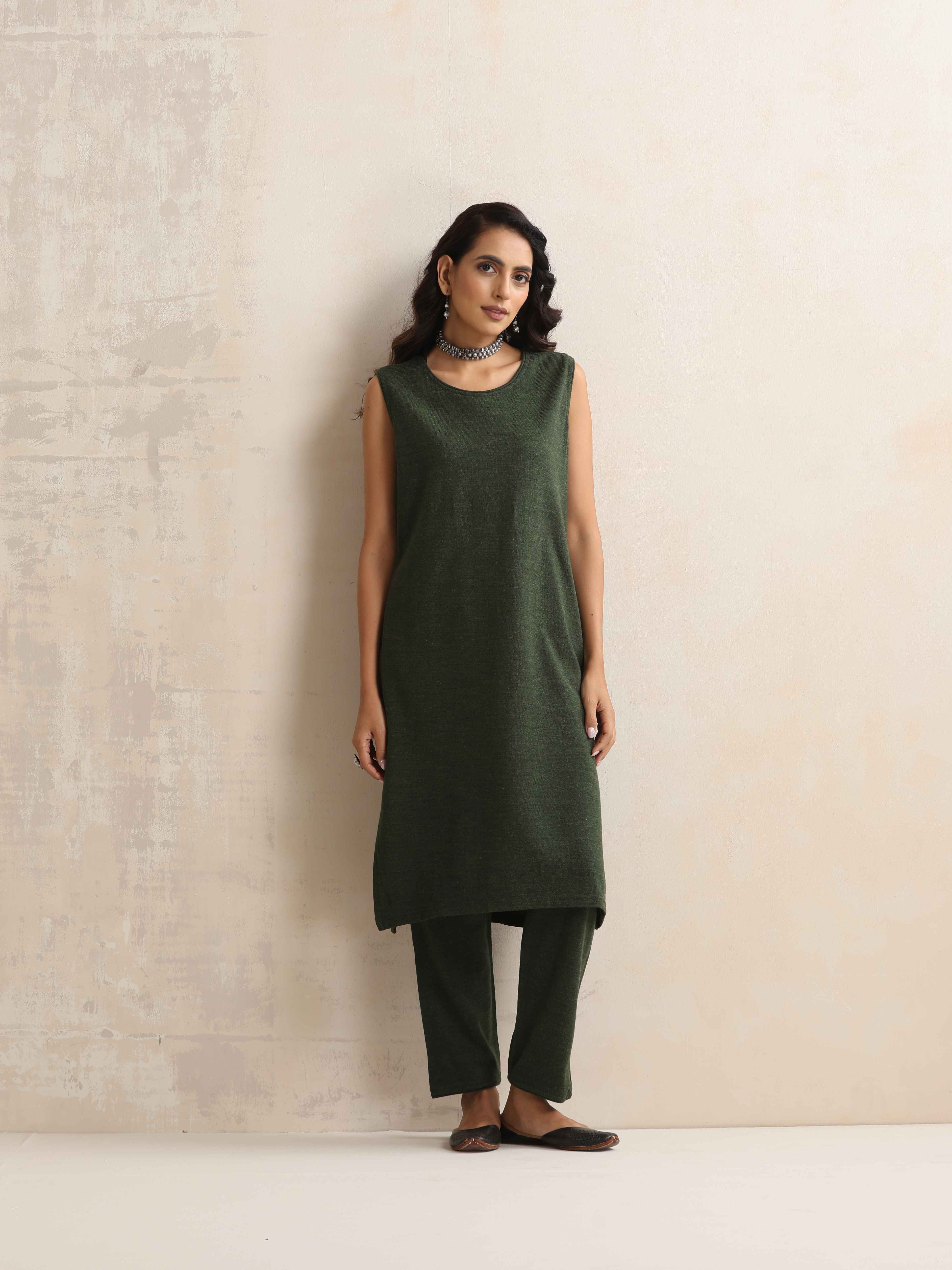 trueBrowns Green Kashmiri Woollen Jacket 3pc Set | Grocsy