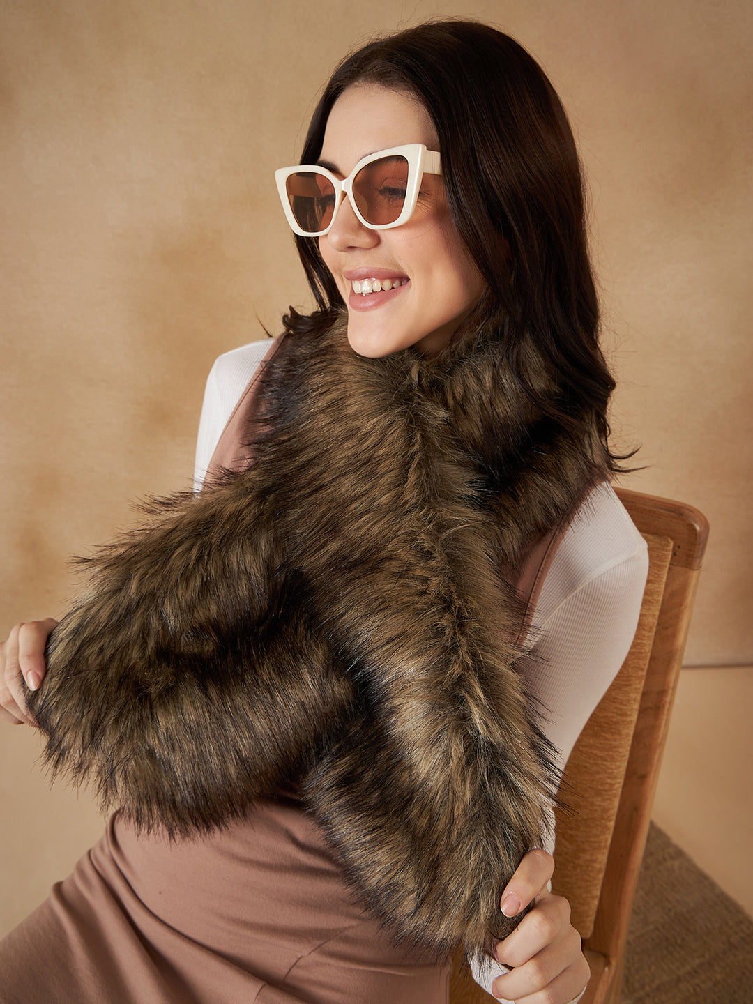 InWeave Women's Beige Print Faux Fur Neck Warmer | Grocsy