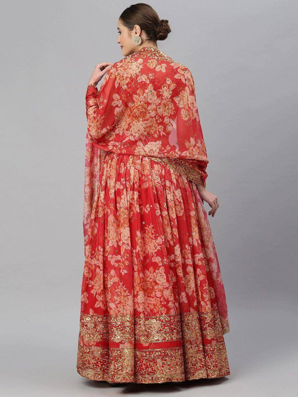 Tulsi Art Red & Gold-Toned Embellished Sequinned Semi-Stitched Myntra Lehenga & Unstitched Blouse | Grocsy