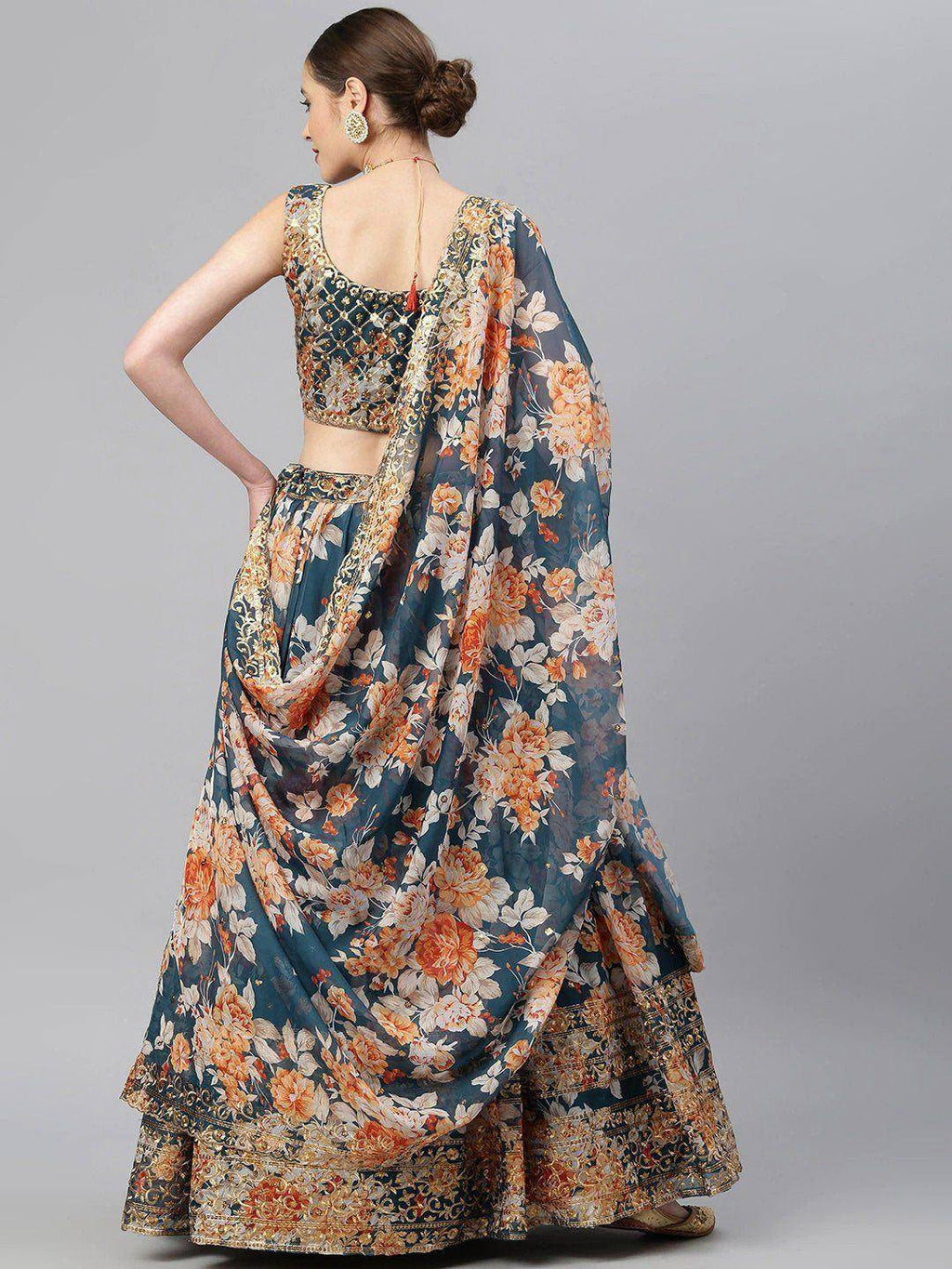 Tulsi Art Blue & Peach-Coloured Embellished Sequinned Semi-Stitched Myntra Lehenga & Unstitched Blouse | Grocsy