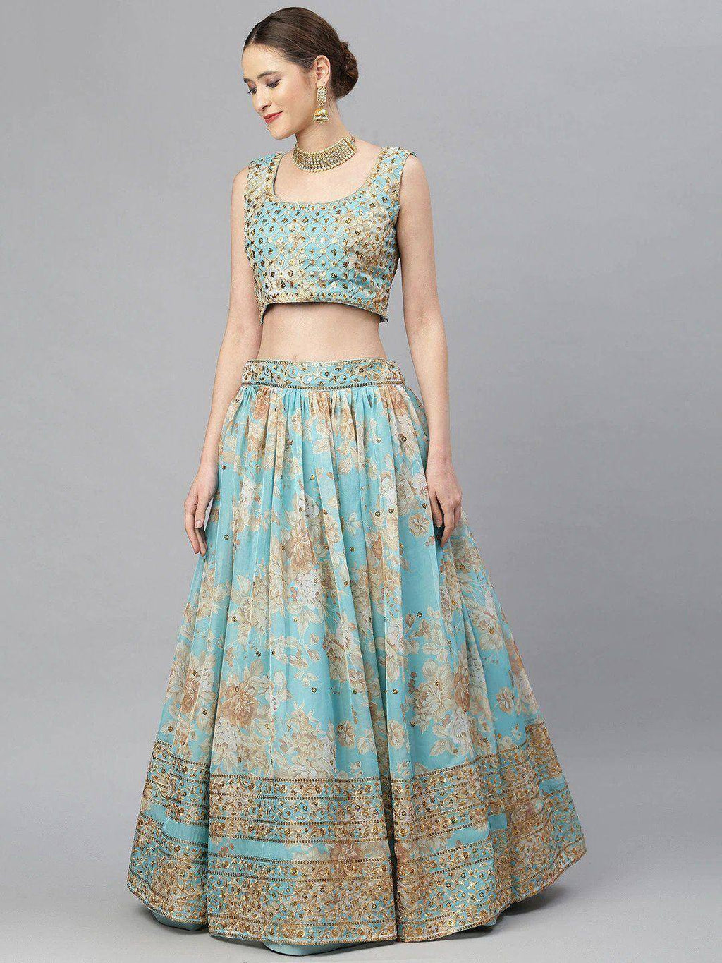 Tulsi Art Blue & Peach-Coloured Embellished Sequin Myntra Lehenga & Unstitched Blouse | Grocsy