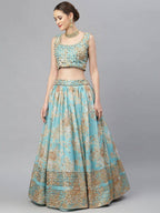 Tulsi Art Blue & Peach-Coloured Embellished Sequin Myntra Lehenga & Unstitched Blouse | Grocsy