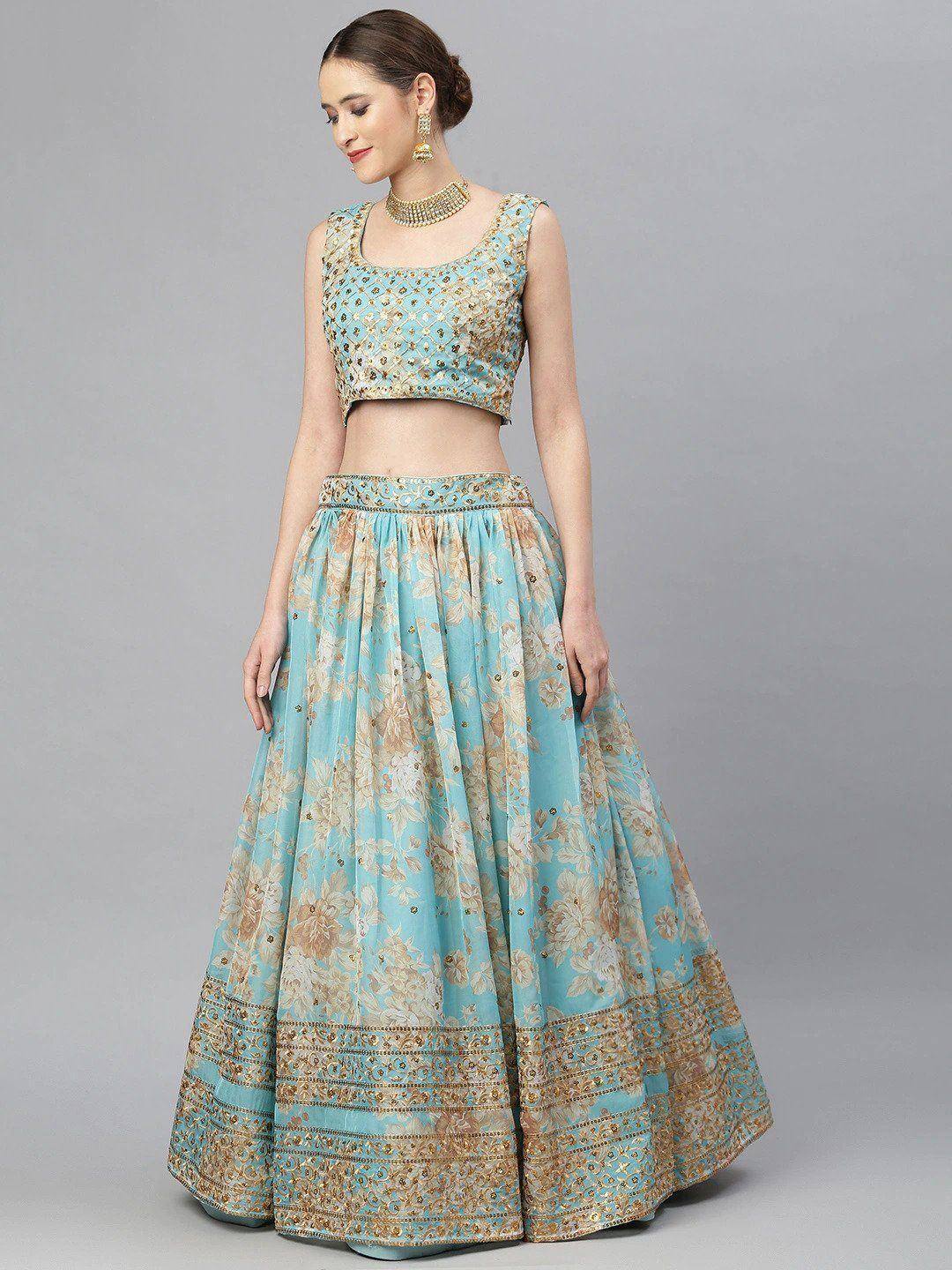 Tulsi Art Blue & Peach-Coloured Embellished Sequin Myntra Lehenga & Unstitched Blouse | Grocsy