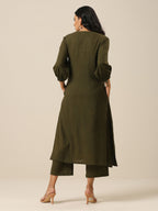 trueBrowns Olive Green Slub Texture Kurta Pant Set | Grocsy