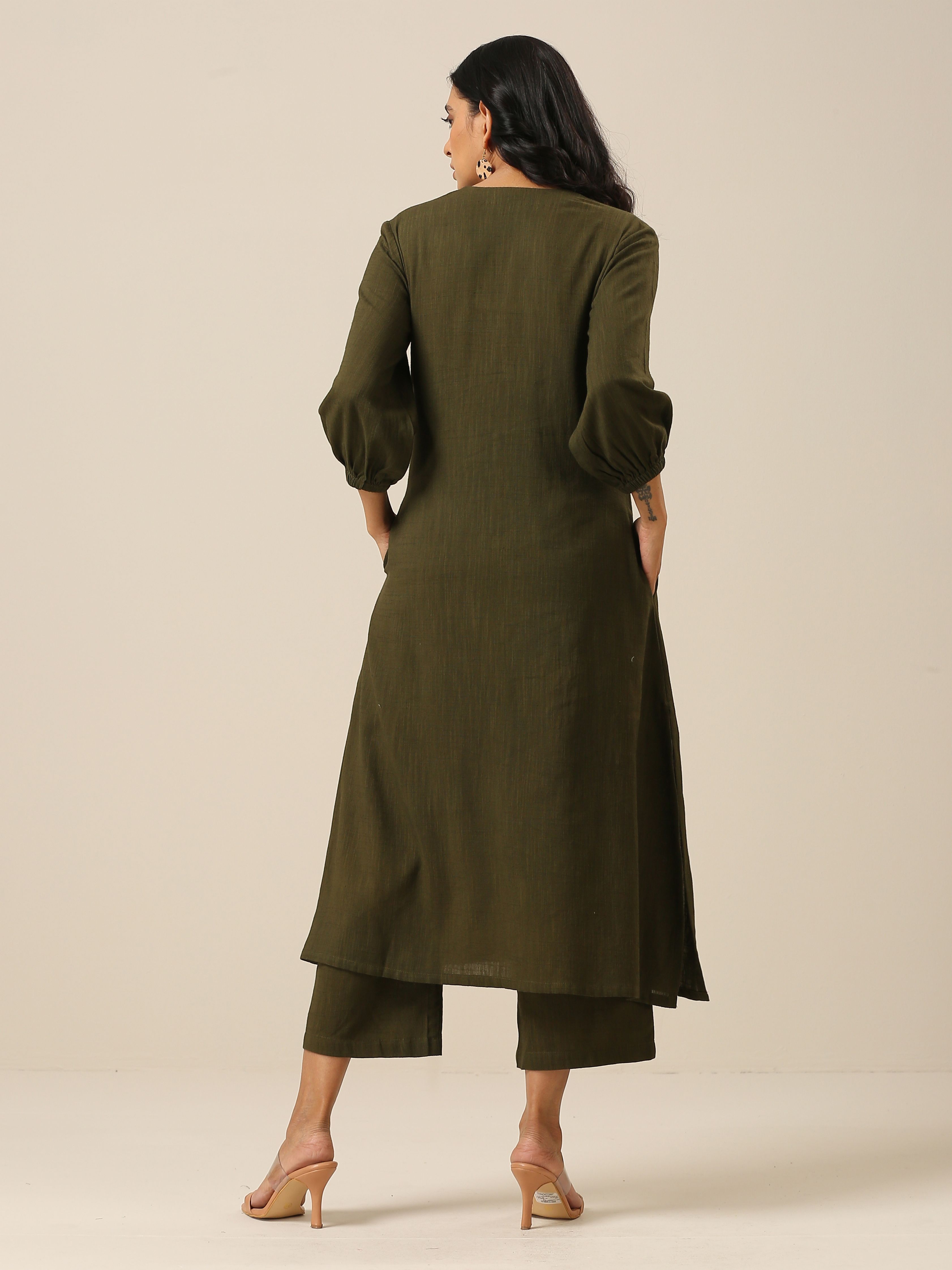 trueBrowns Olive Green Slub Texture Kurta Pant Set | Grocsy