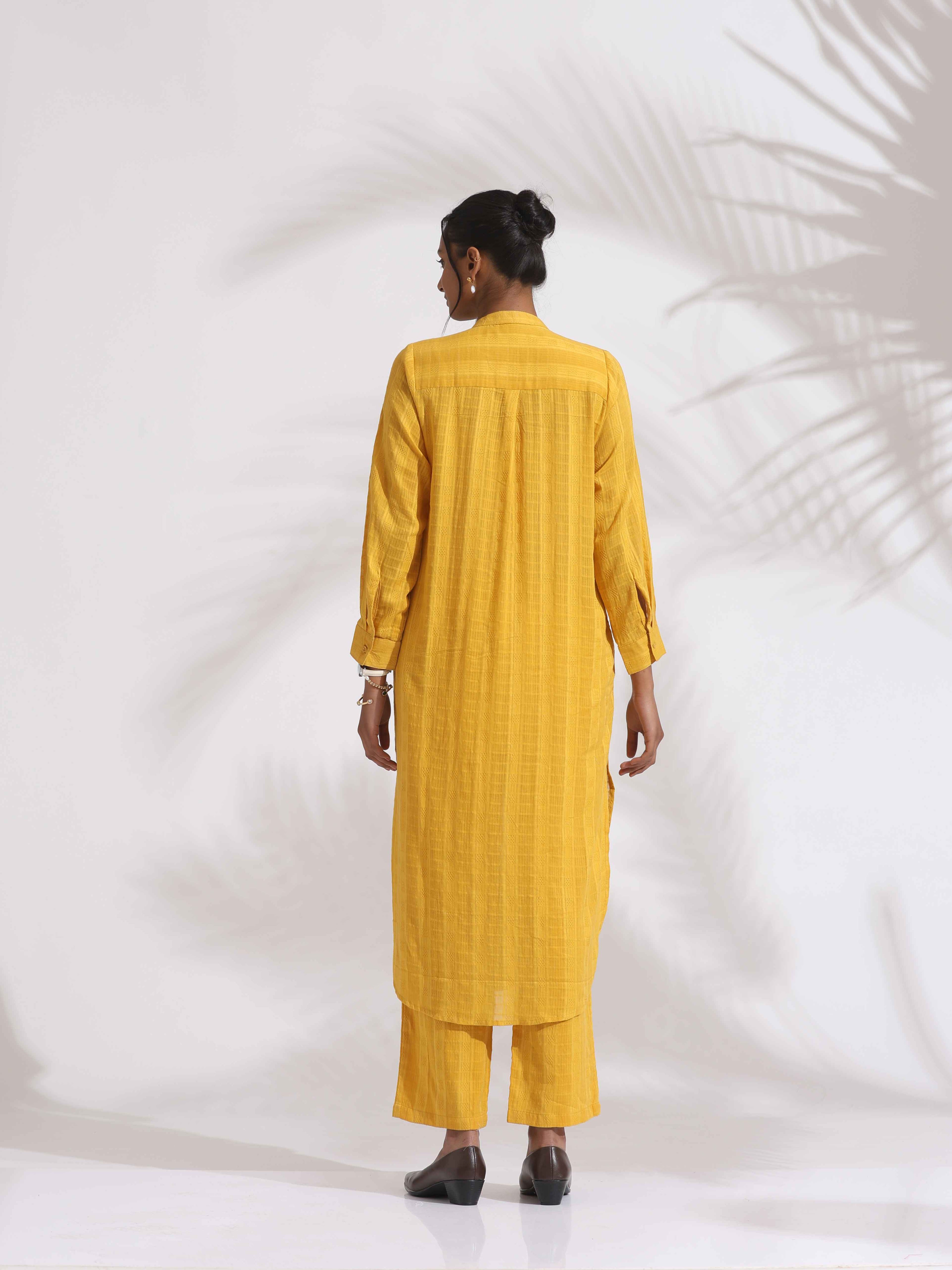 trueBrowns Yellow Cotton Pleated Shirt Kurta Set | Grocsy