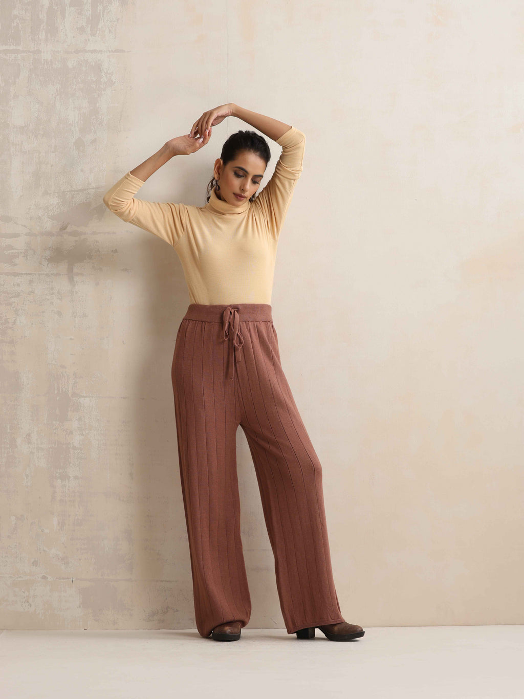 trueBrowns Peach Woollen Flared Pants | Grocsy