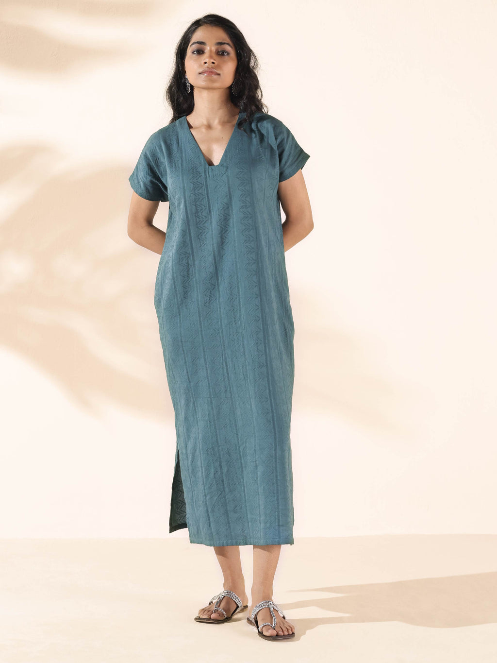 trueBrowns Turquoise Cotton Dobby Dress | Grocsy