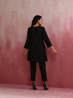 trueBrowns Black Viscose Slub Pleated Kurta Co-ord Set | Grocsy