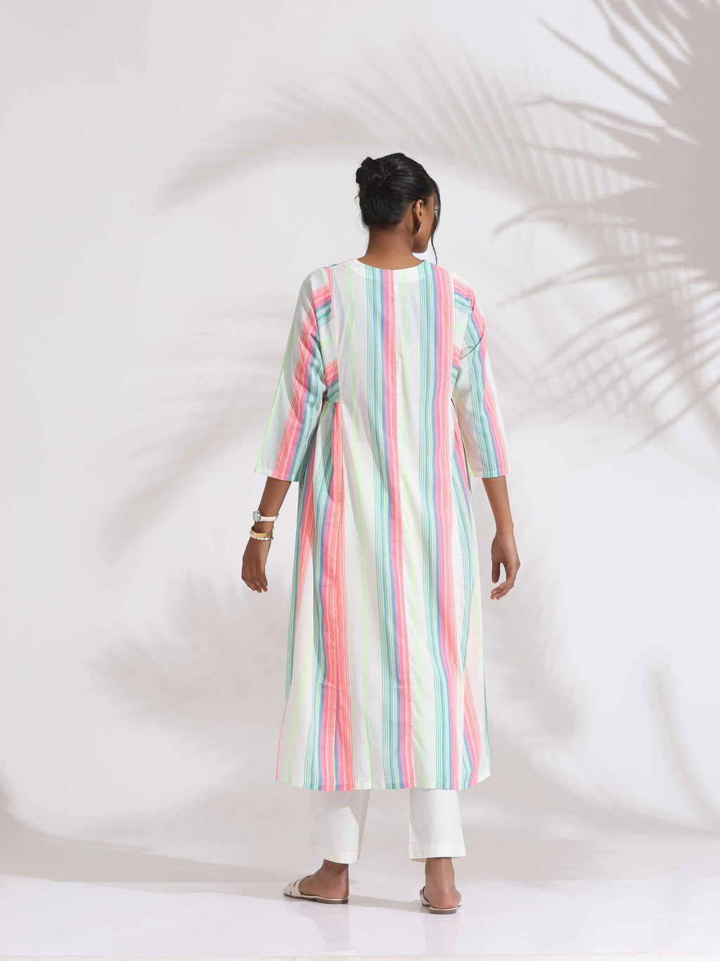 trueBrowns Off-White Cotton Multi Stripe Flared Kurta Set | Grocsy