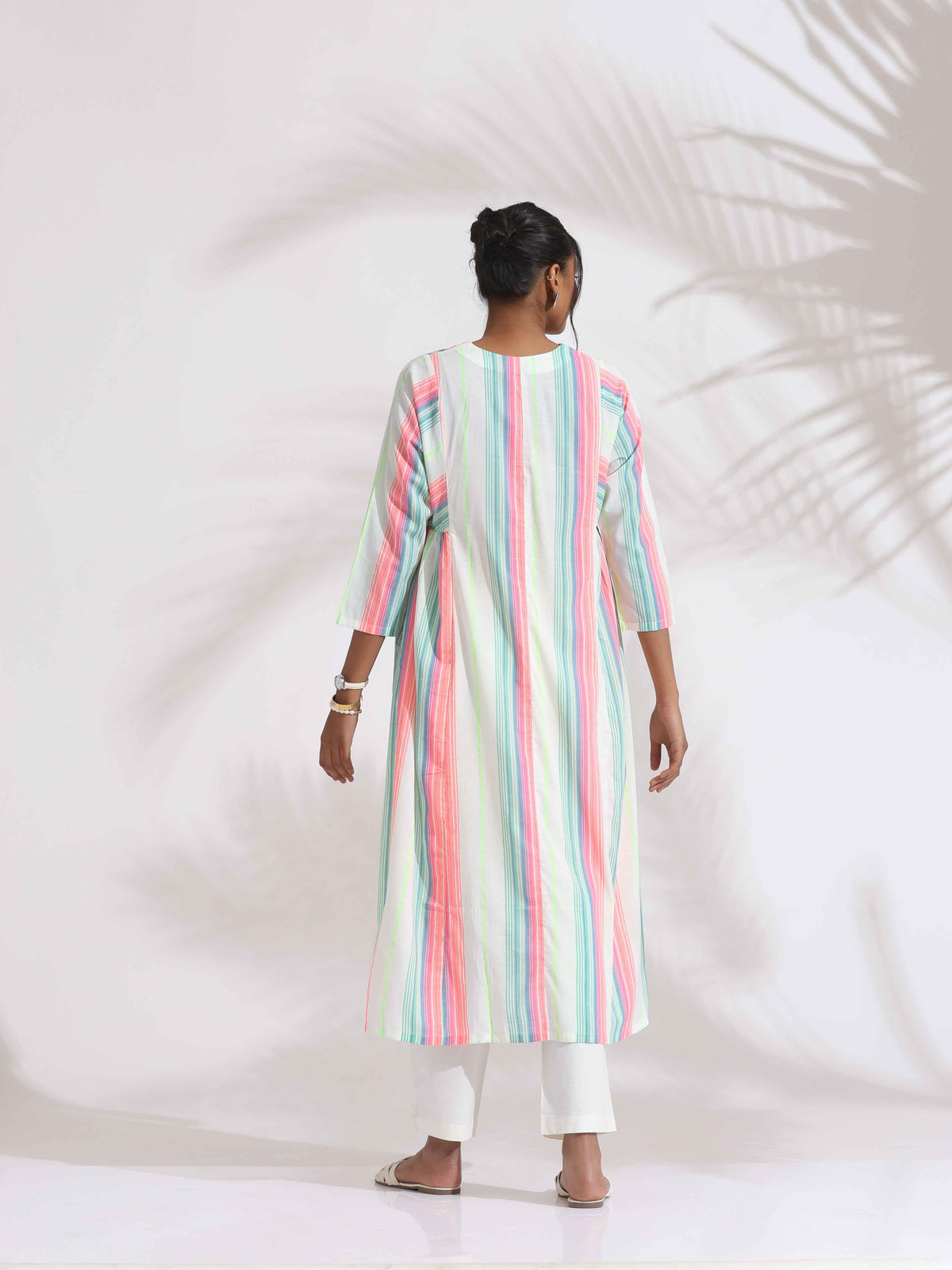 trueBrowns Off-White Cotton Multi Stripe Flared Kurta Set | Grocsy