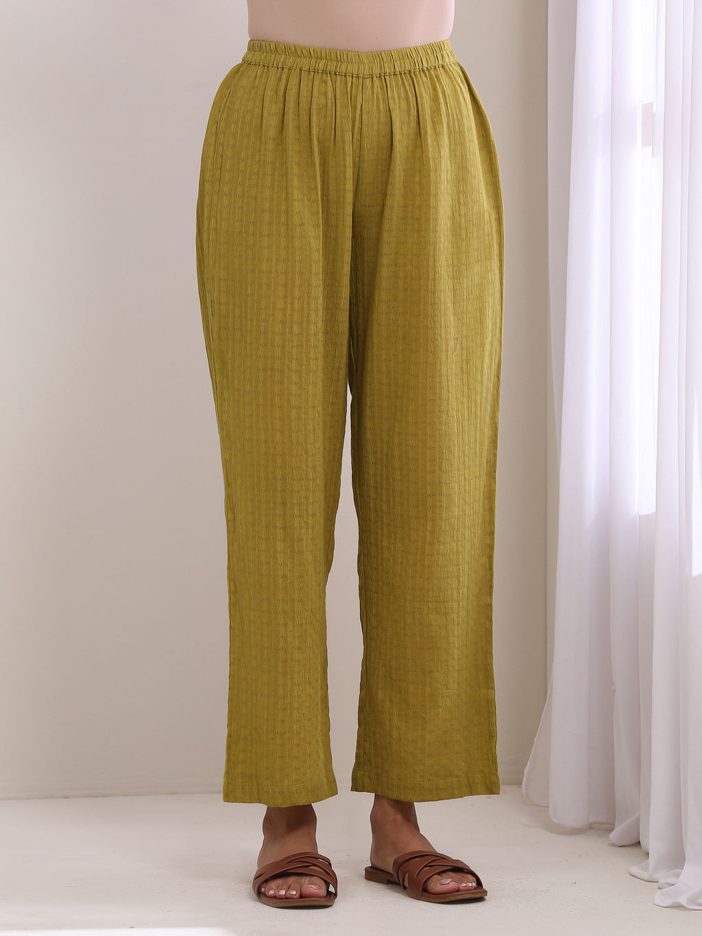 trueBrowns Avacado Green Dobby Flared Slit Kurta Pant Set | Grocsy