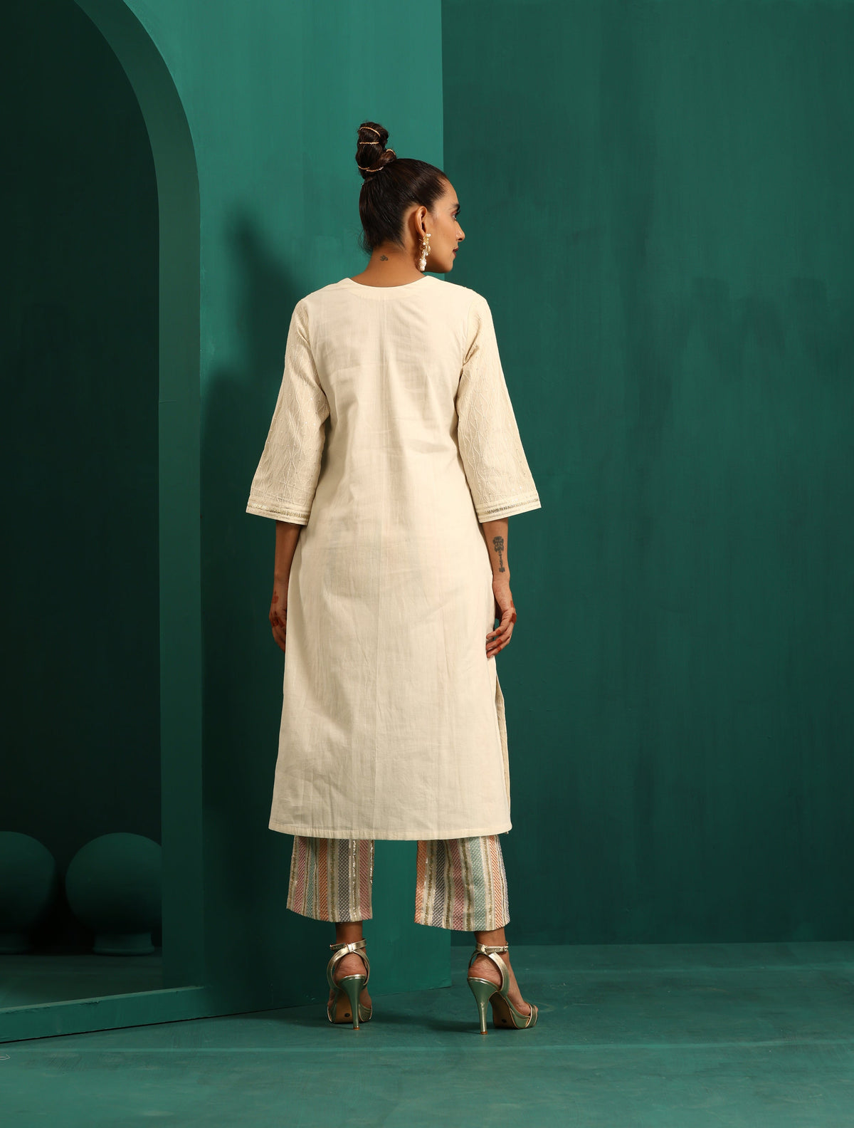 trueBrowns Ivory Tonal Cotton Kurta with Embroidered Pants | Grocsy