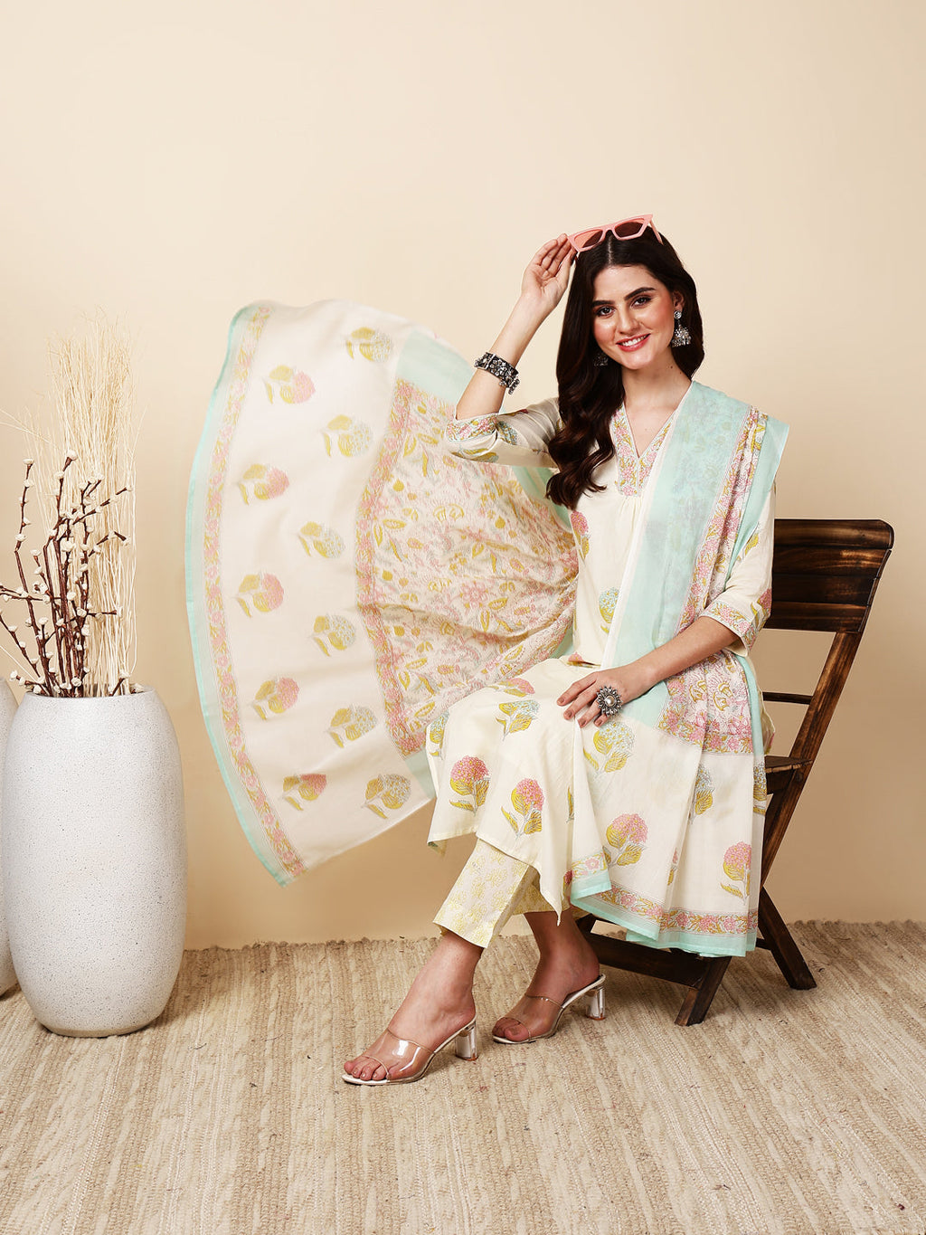Antaran Cream Pure Cotton Floral Printed Kurta Pant And Dupatta Set | Grocsy