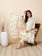 Antaran Cream Pure Cotton Floral Printed Kurta Pant And Dupatta Set | Grocsy