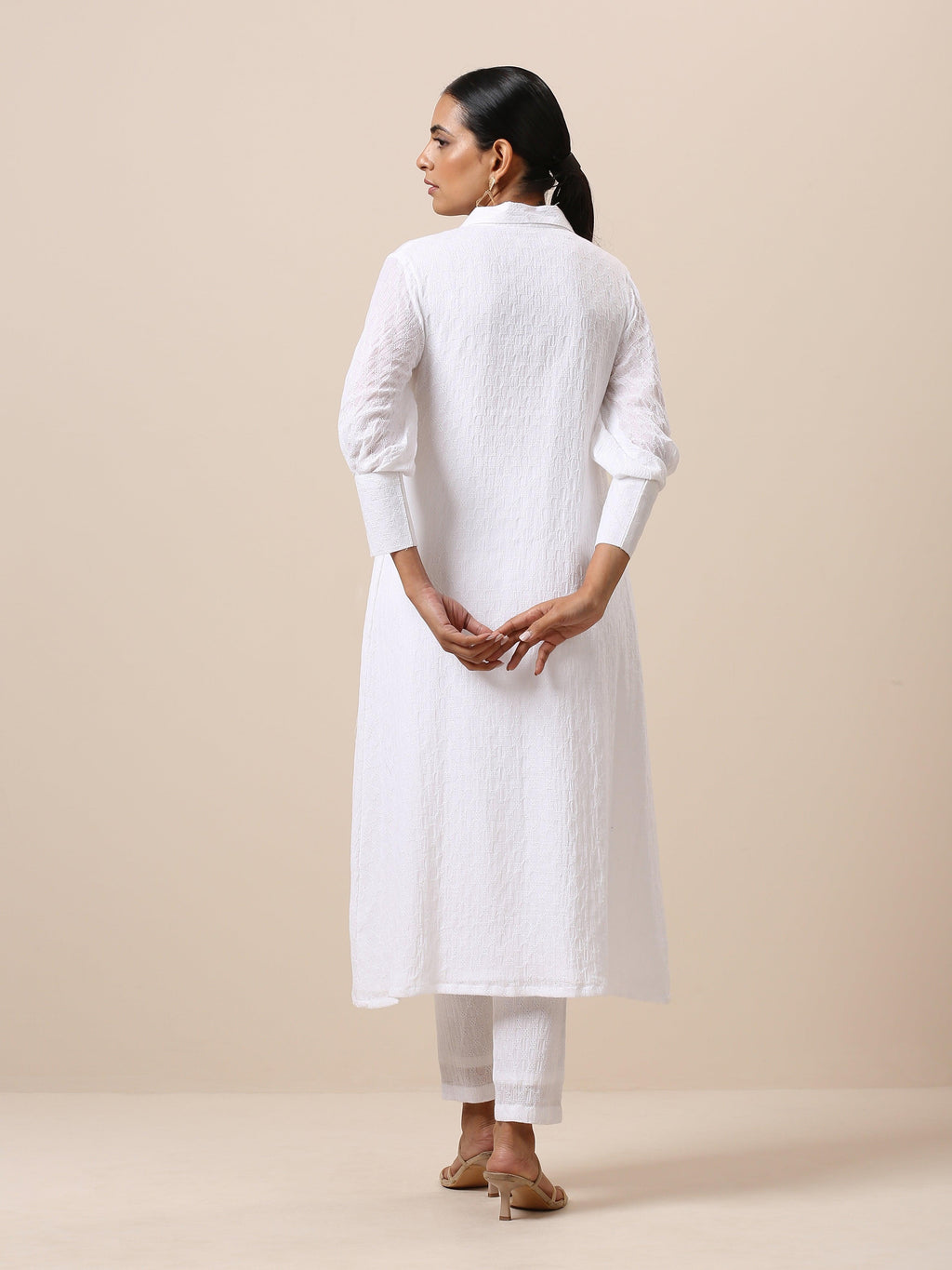 trueBrowns Cotton White Weave Collar Kurta Pant Set | Relove | Grocsy