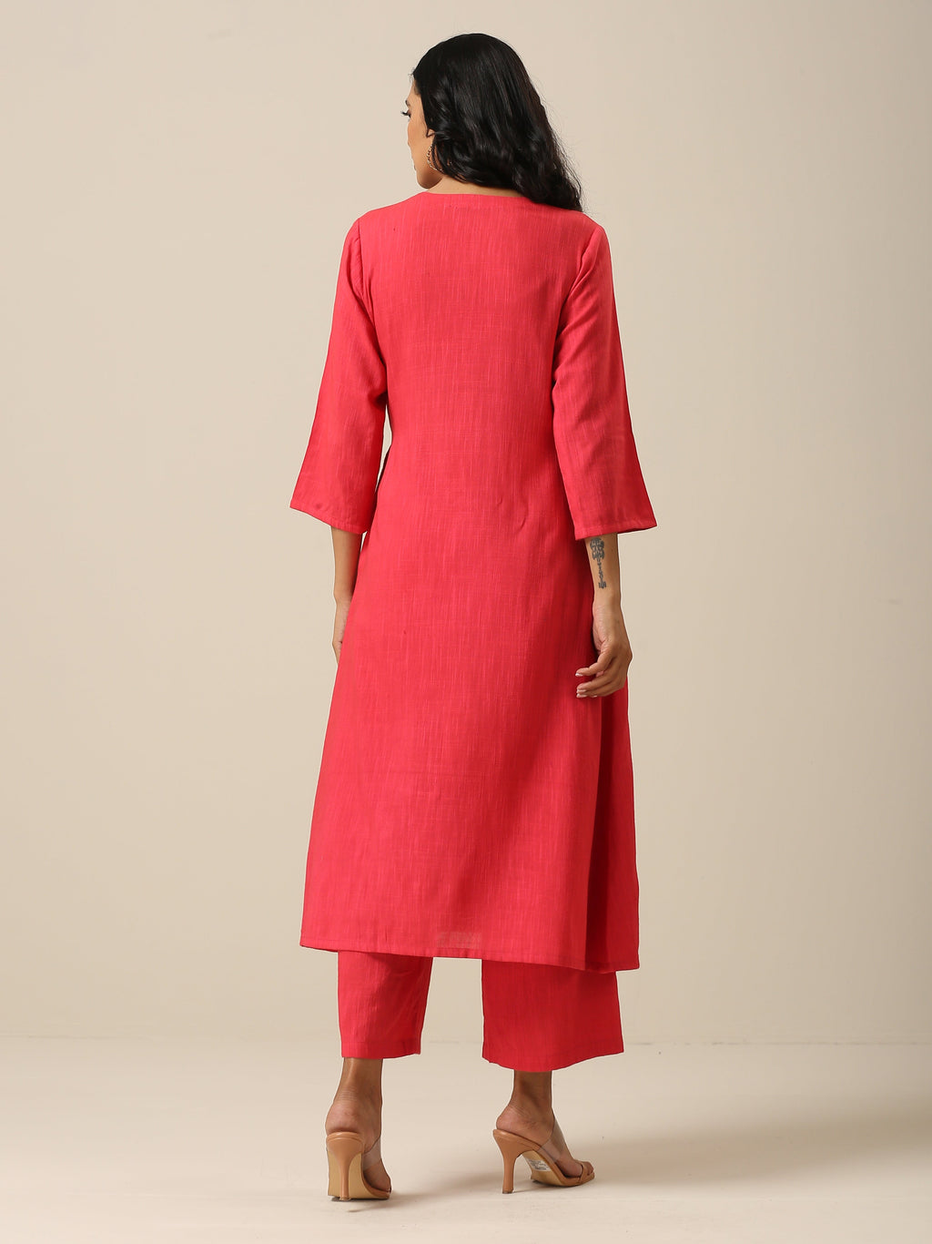 trueBrowns Bright Pink Slub Texture Angrakha Pant Set | Grocsy