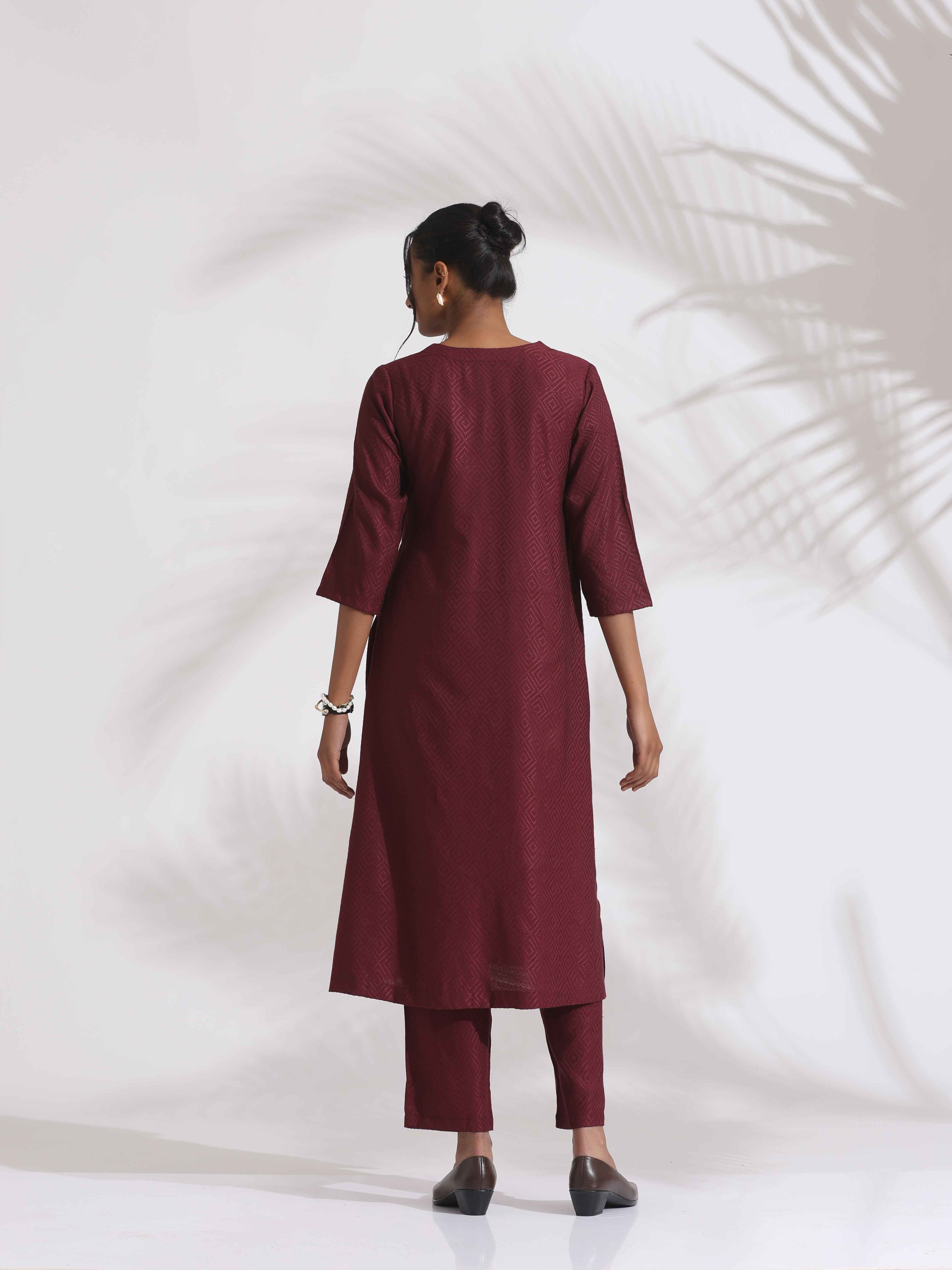 trueBrowns Maroon Dobby Kurta Set | Grocsy