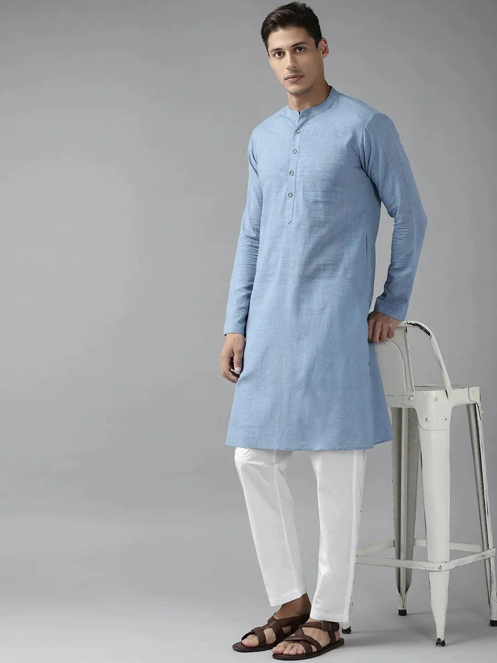 Fabmade Men Blue Cotton Linen Kurta | Grocsy
