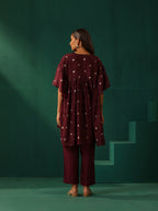 trueBrowns Wine Diamond Viscose Silk Waist Sleeve Gathered Co-ord Set | Grocsy