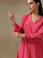 trueBrowns Pink Bandhani Printed Silk Gathered Sleeve Co-Ord Set | Grocsy