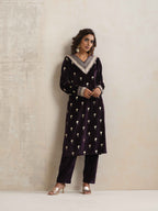 trueBrowns Wine Velvet Floral Embroidered Kurta Pant Dupatta Set | Grocsy