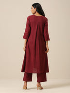 trueBrowns Ruby Wine Slub Texture Back Pleat Kurta Pant Set | Grocsy