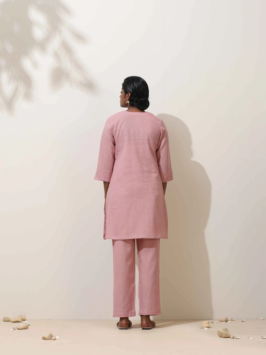 trueBrowns Pink Cotton Linen Kurta Co-Ord Set | Grocsy