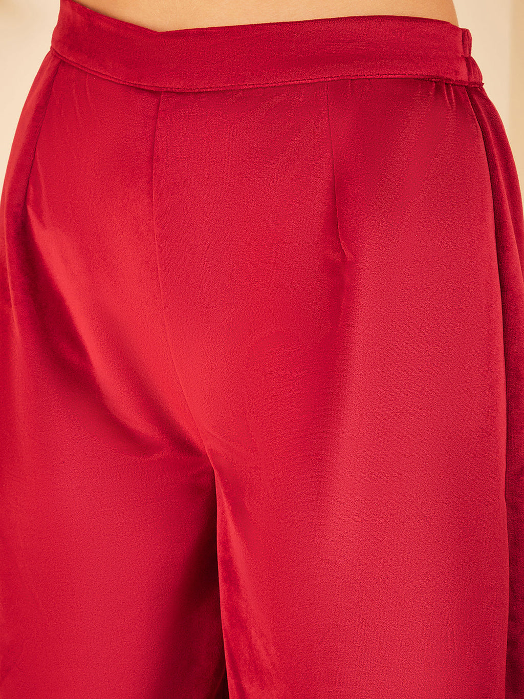 InWeave Women's Barn Red V Neck Asymmetrical Pleated Velvet Kurta Set | Grocsy